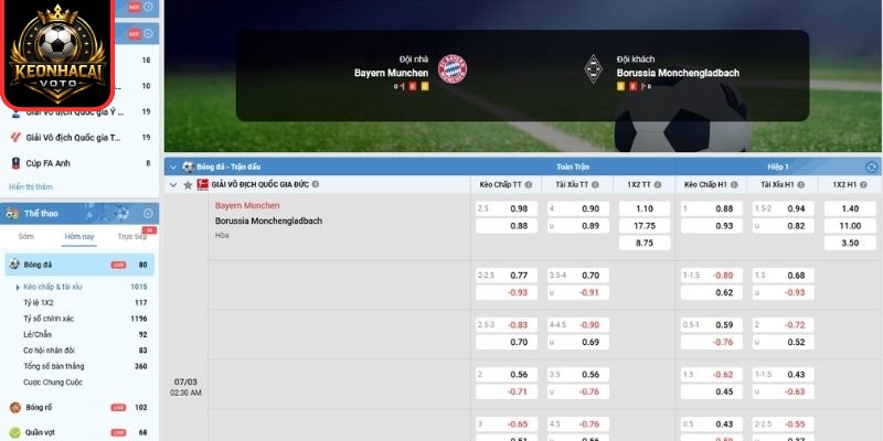 Kèo châu Á trận Bayern Munchen vs Borussia Monchengladbach (02:30 ngày 07/03)