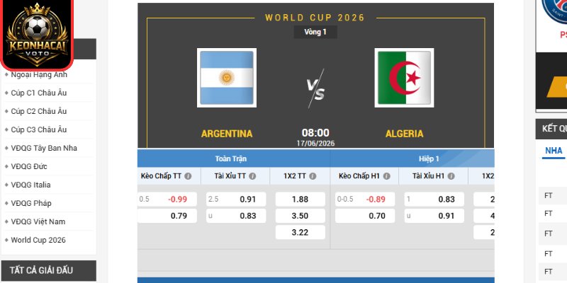 Kèo châu Âu trận Argentina vs Algeria 08:00 ngày 17/06 (Bảng A - World Cup)