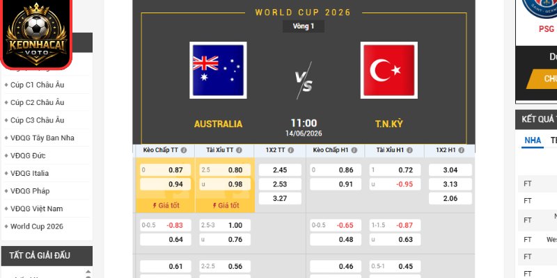 Kèo châu Âu trận Australia vs Thổ Nhĩ Kỳ 11:00 ngày 14/06 (Bảng D - World Cup)