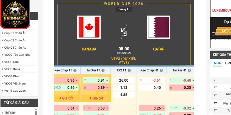 Kèo châu Âu trận Canada vs Qatar 05:00 ngày 19/06 (Bảng B - World Cup)