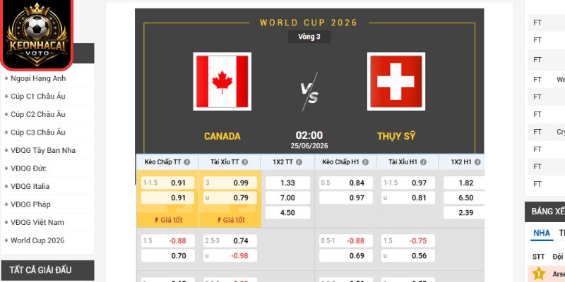 Kèo châu Âu trận Canada vs Thụy Sĩ 02:00 ngày 25/06 (Bảng B - World Cup)